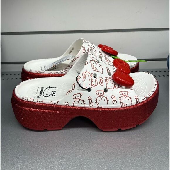 Crocs Women’s Hello Kitty Stomp Slides White Red Shiny Soles Platforms Sz 10 US - Picture 5 of 7